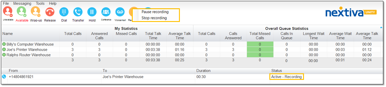 Call recording status