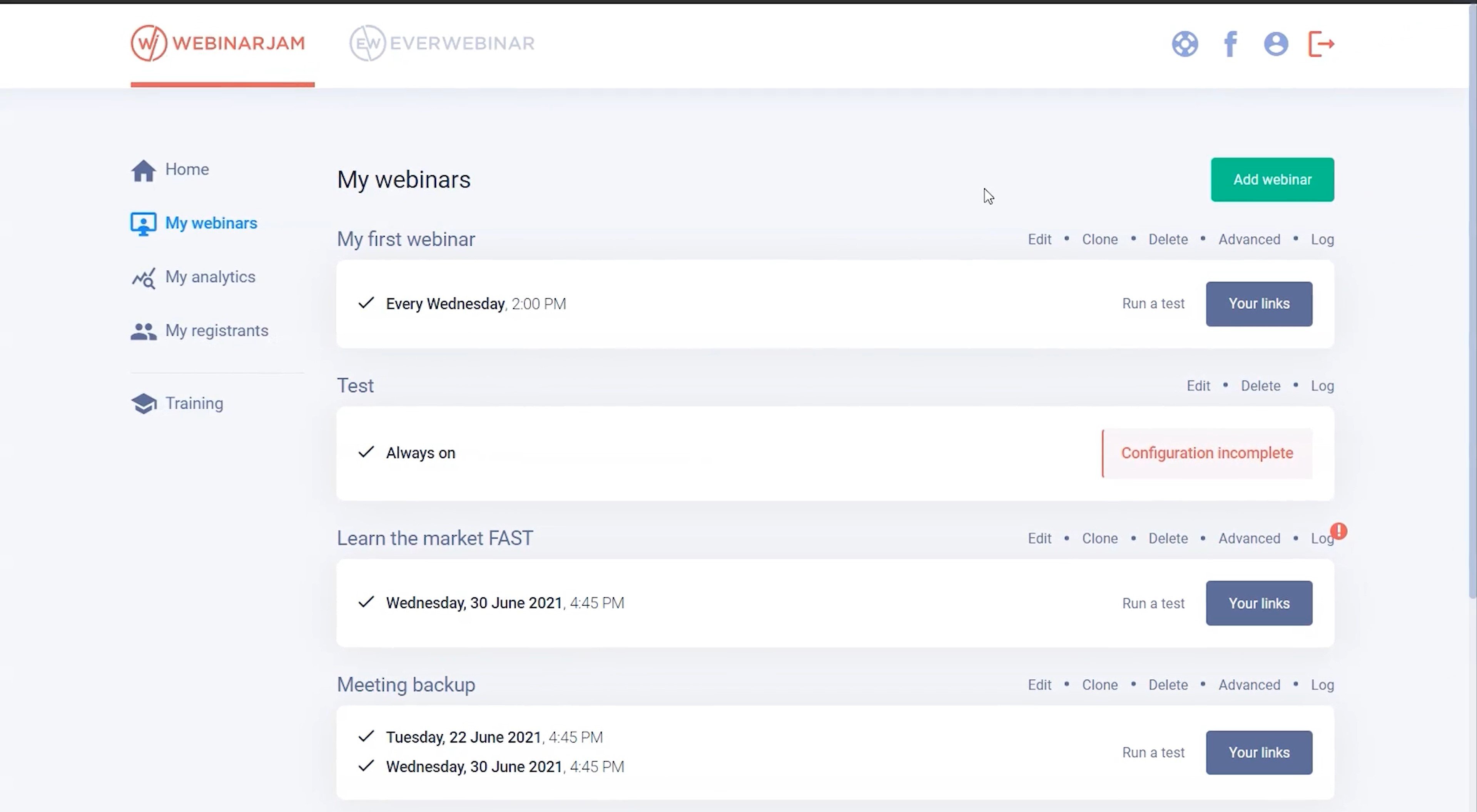 Dashboard My Webinars