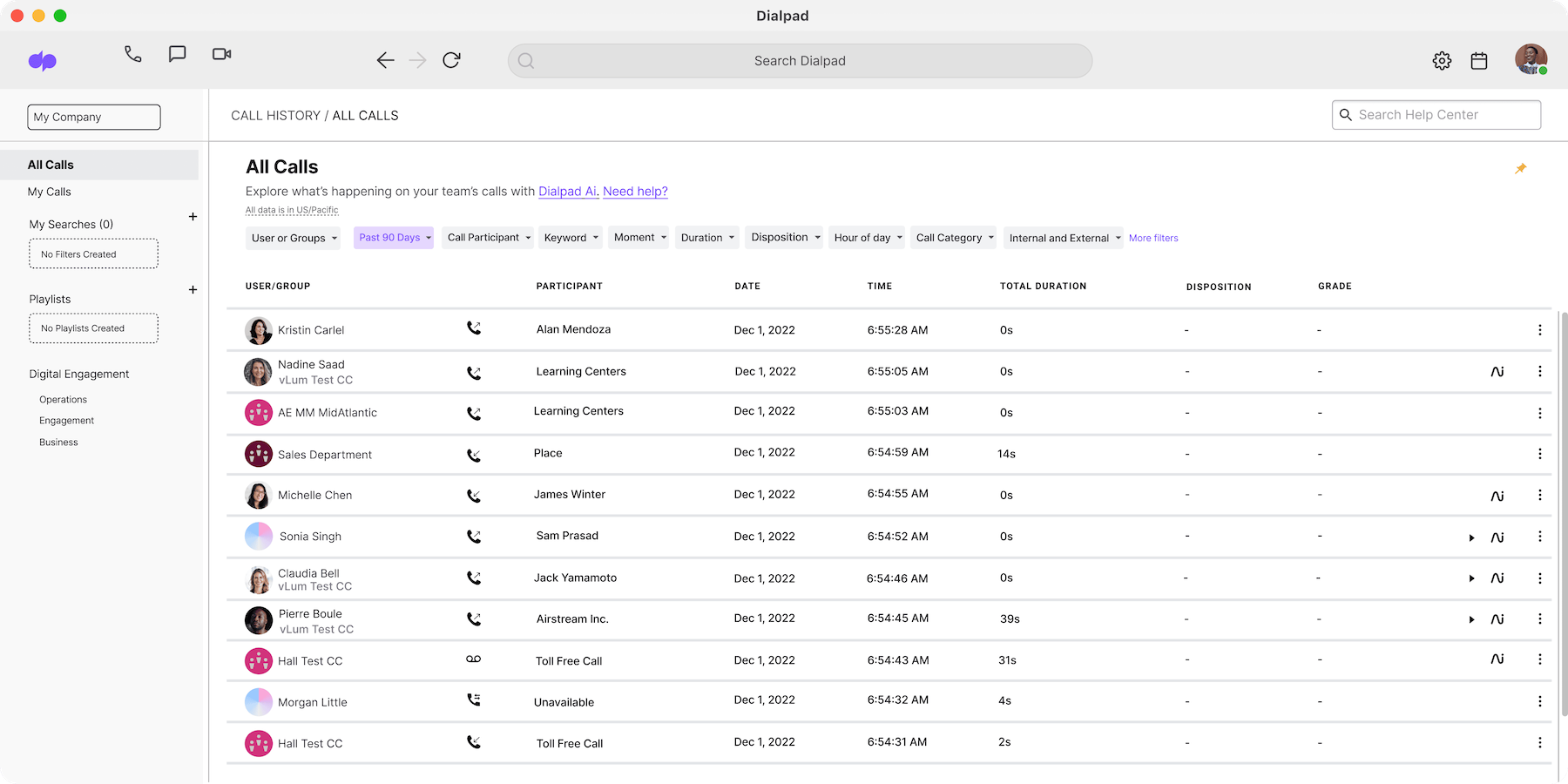 Dialpad Call History View