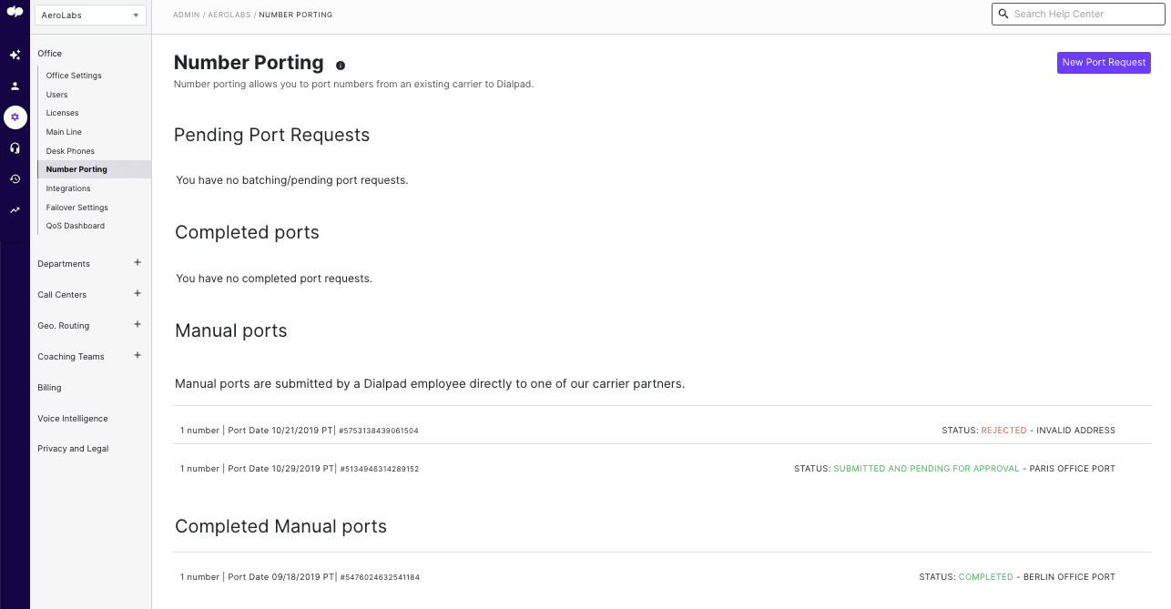 Dialpad number porting dashboard