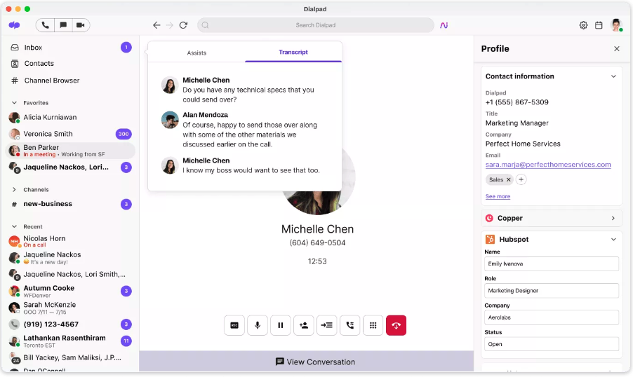 Dialpad pop up with crm info and transcription