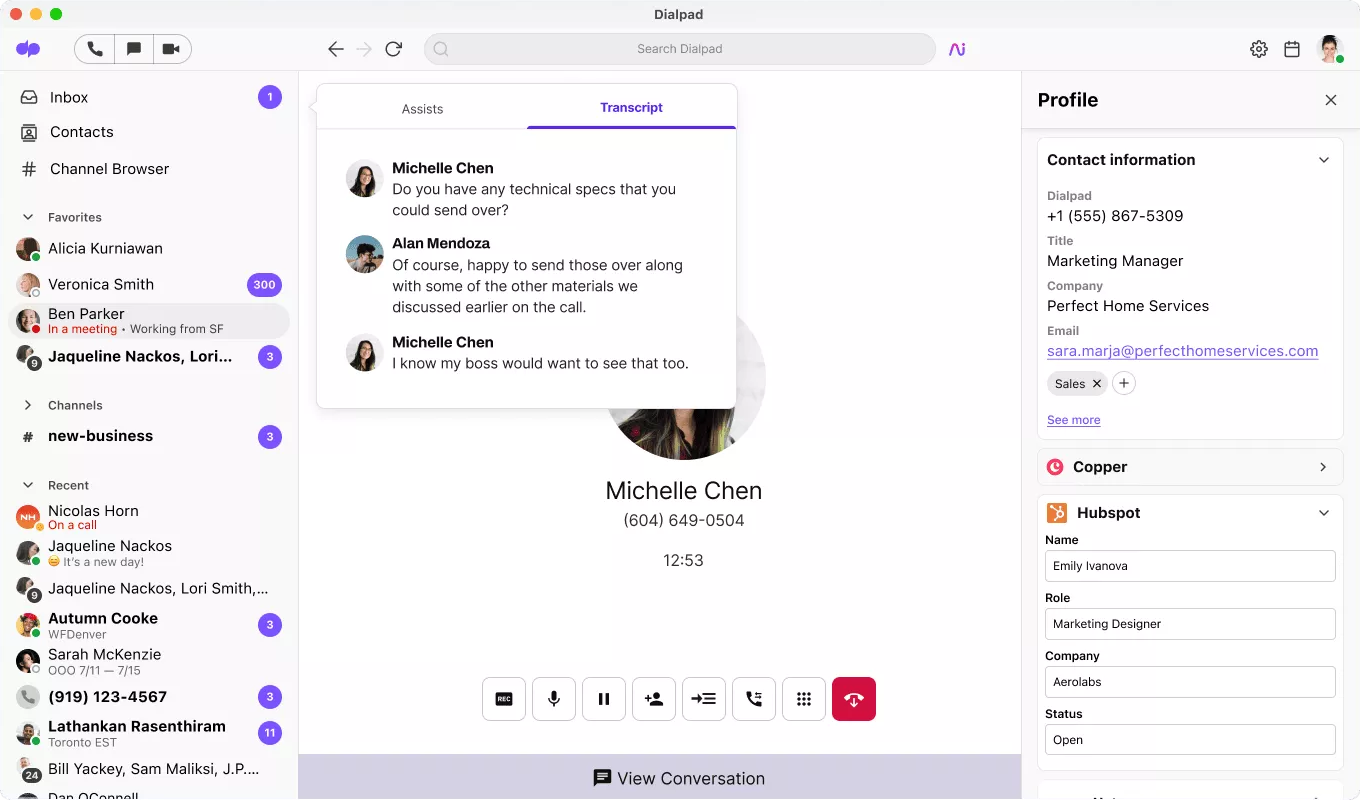 Dialpad popup with CRM info and transcription