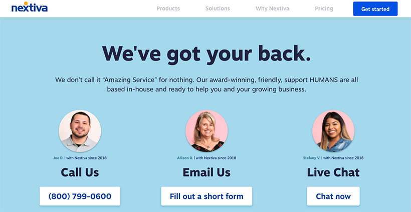 Nextiva support options - phone, email. live chat