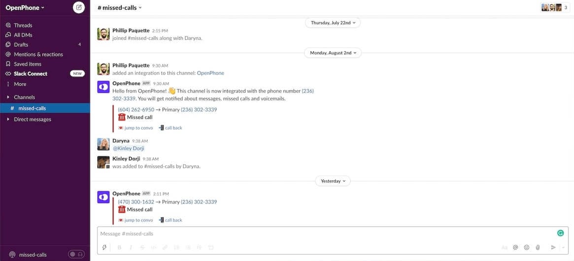 OpenPhone Slack integration