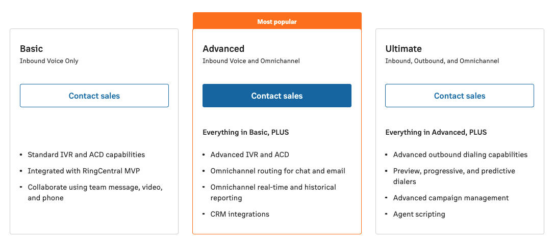 RingCentral Contact Center Plans