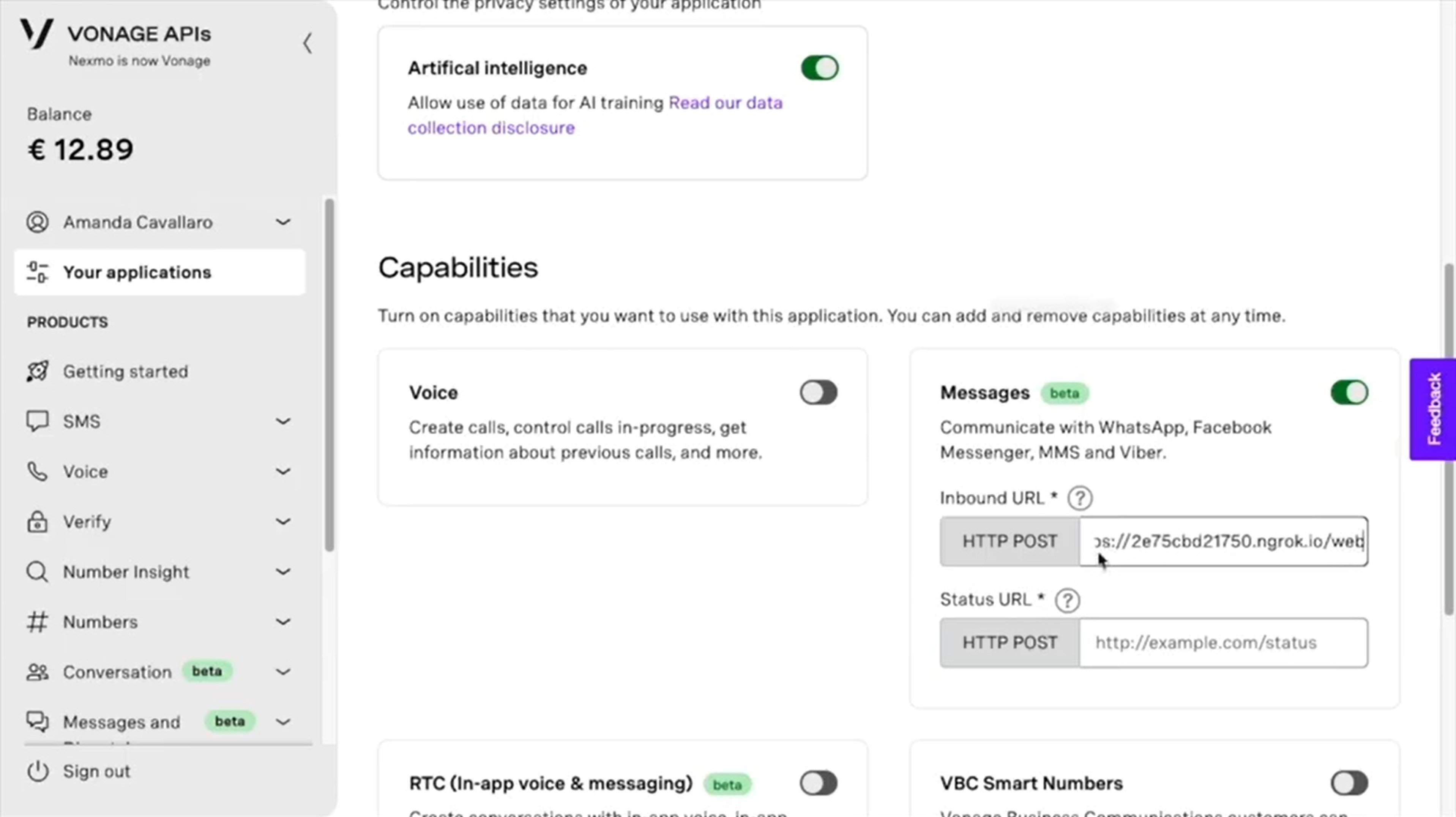 Vonage Overview Screen