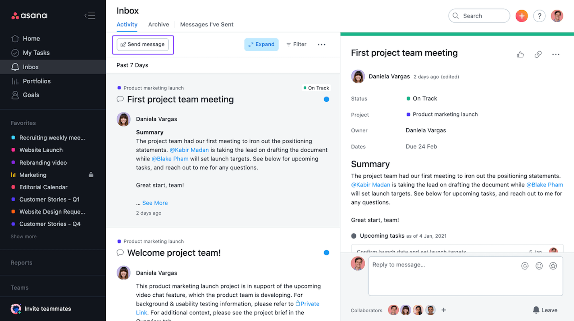 asana inbox messaging