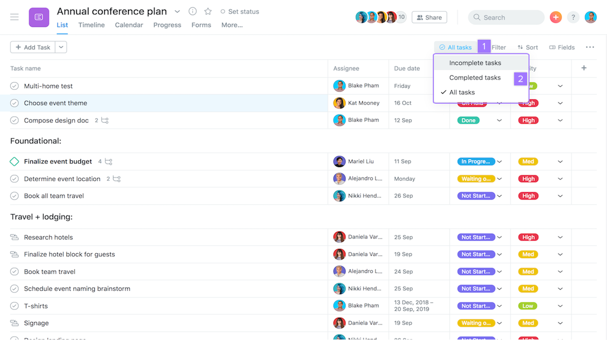 asana list layout