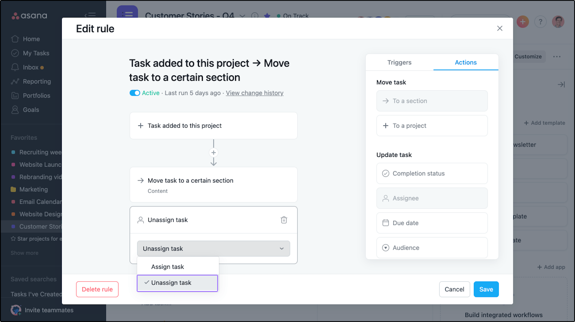 asana task custom rules