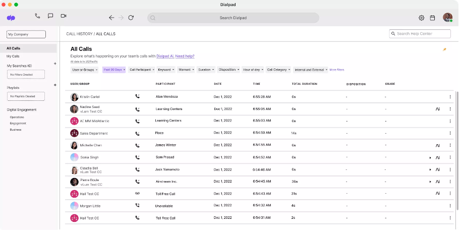 dialpad call tracking