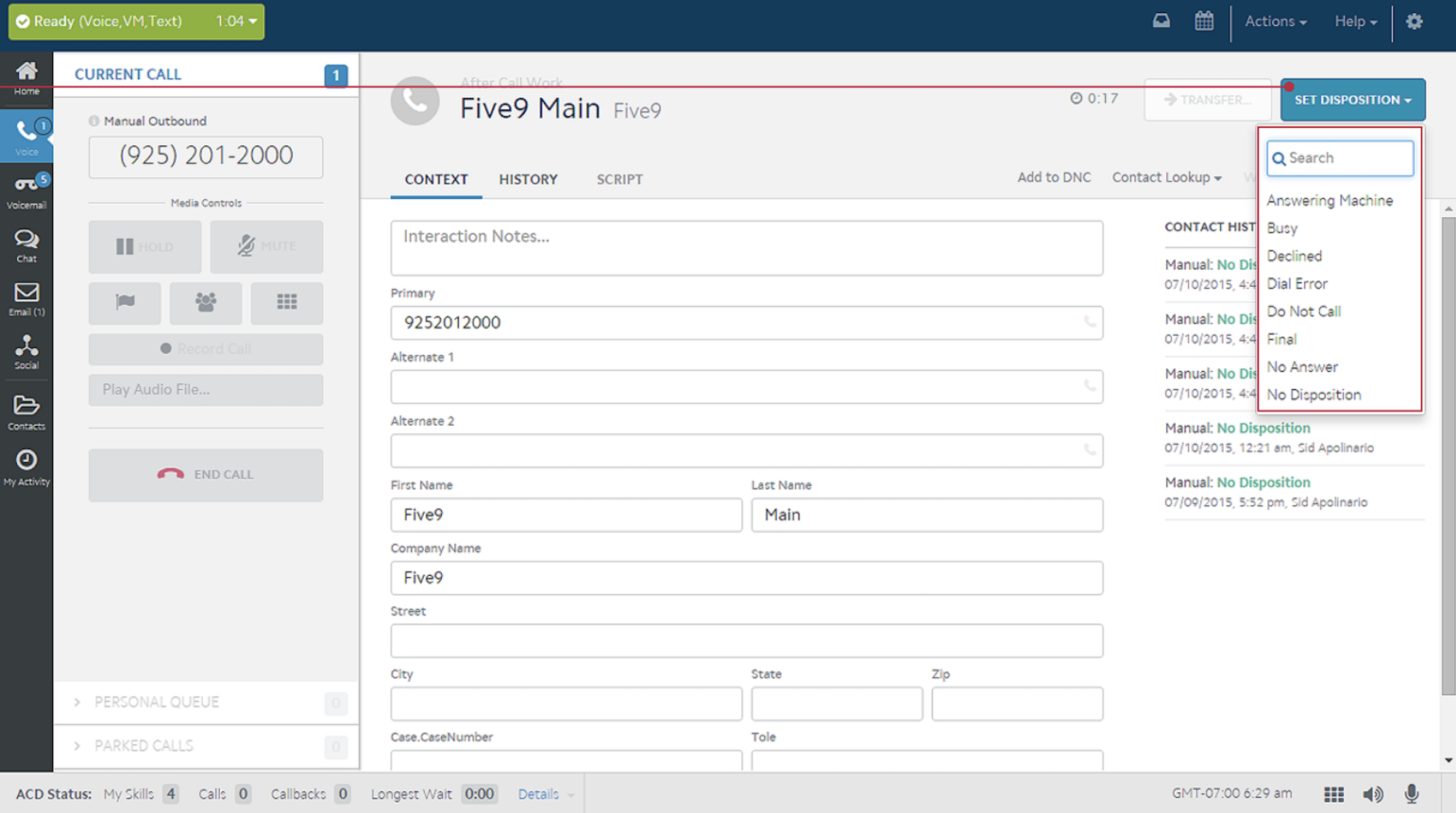 five9 dialer call disposition