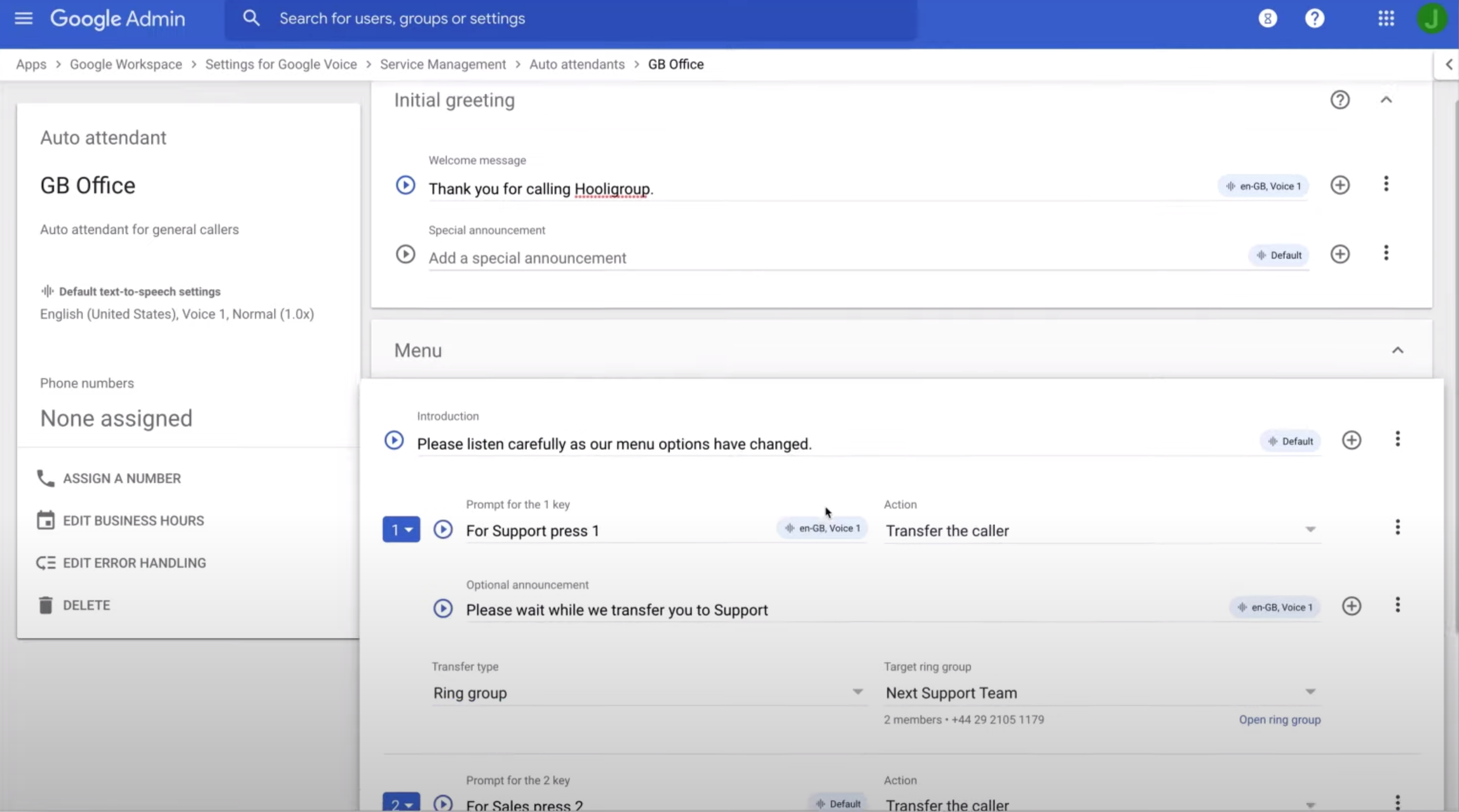 google voice auto attendant