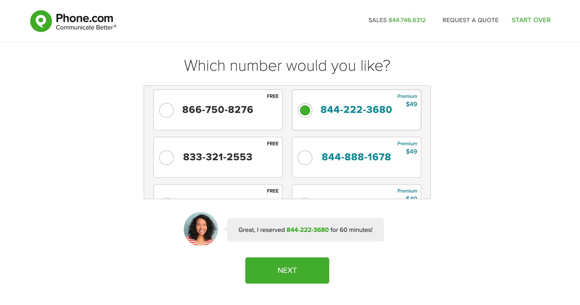 phone.com toll free number selection