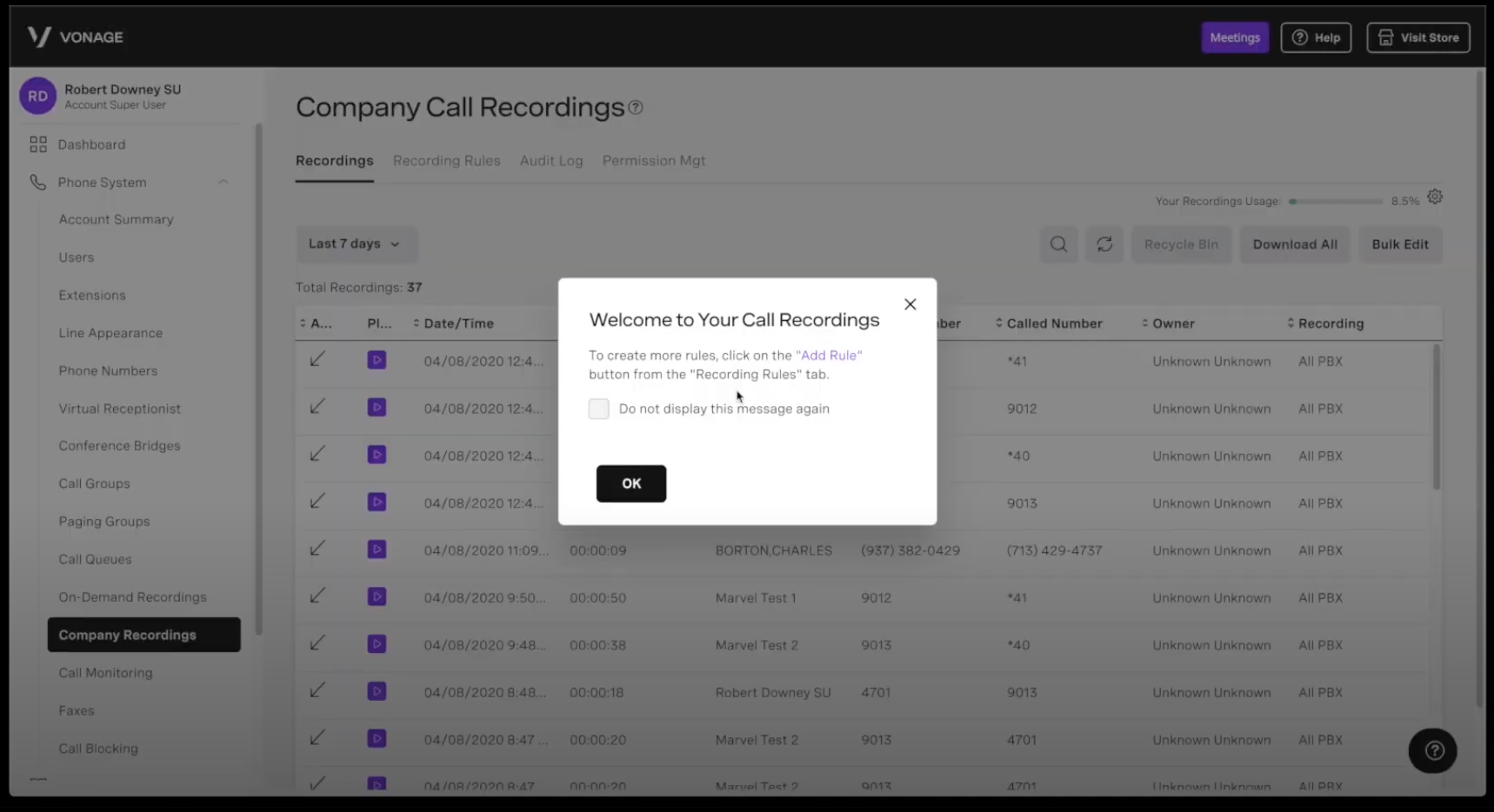 Vonage Call recordings