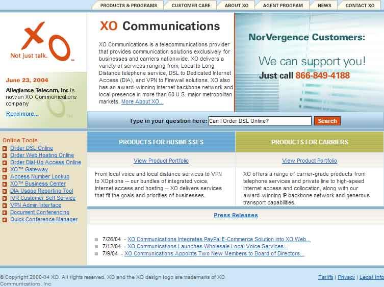 XO communication Website July 30, 2004 